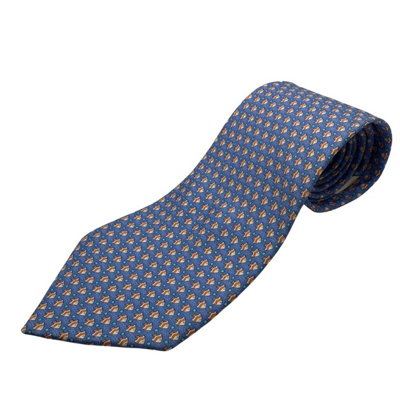 Salvatore Ferragamo Silk Tie – Fish Print Blue/Orange Made in Italy Like New